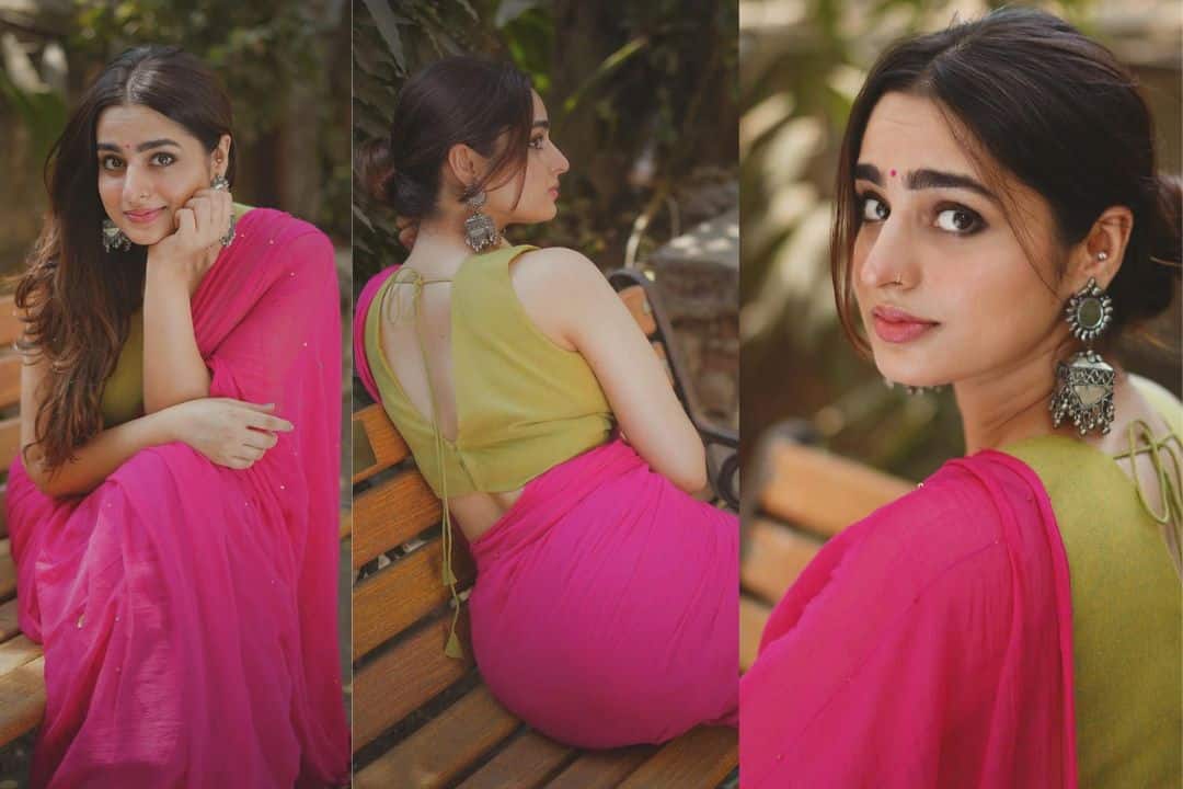 Yellow Blouse with Pink Color Saree